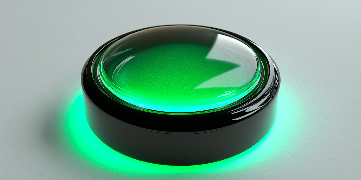 Round button with glass on black base glowing green.