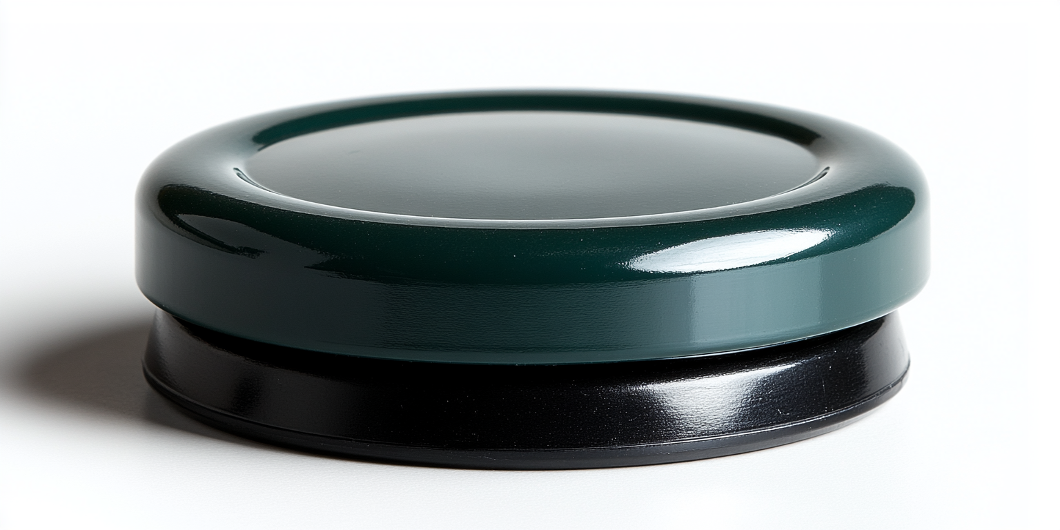 Round green button on black base, angled left.