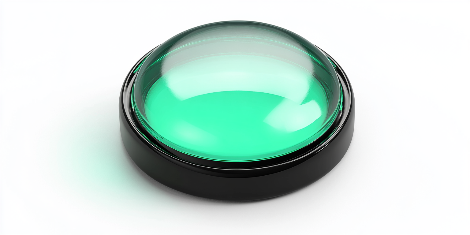 Round industrial button with transparent glass, glowing green illumination.