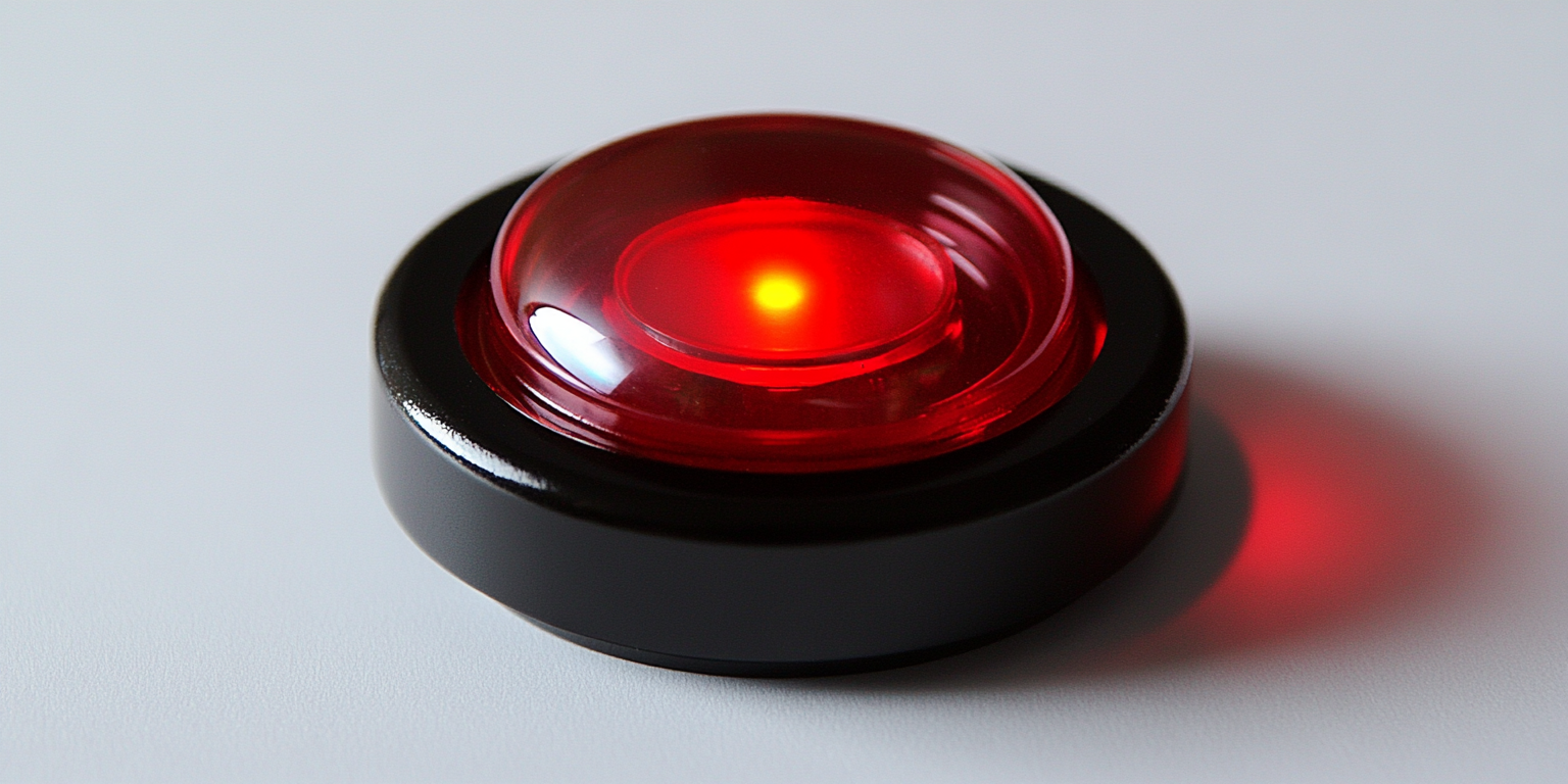 Round red button with LED-like light on black base.