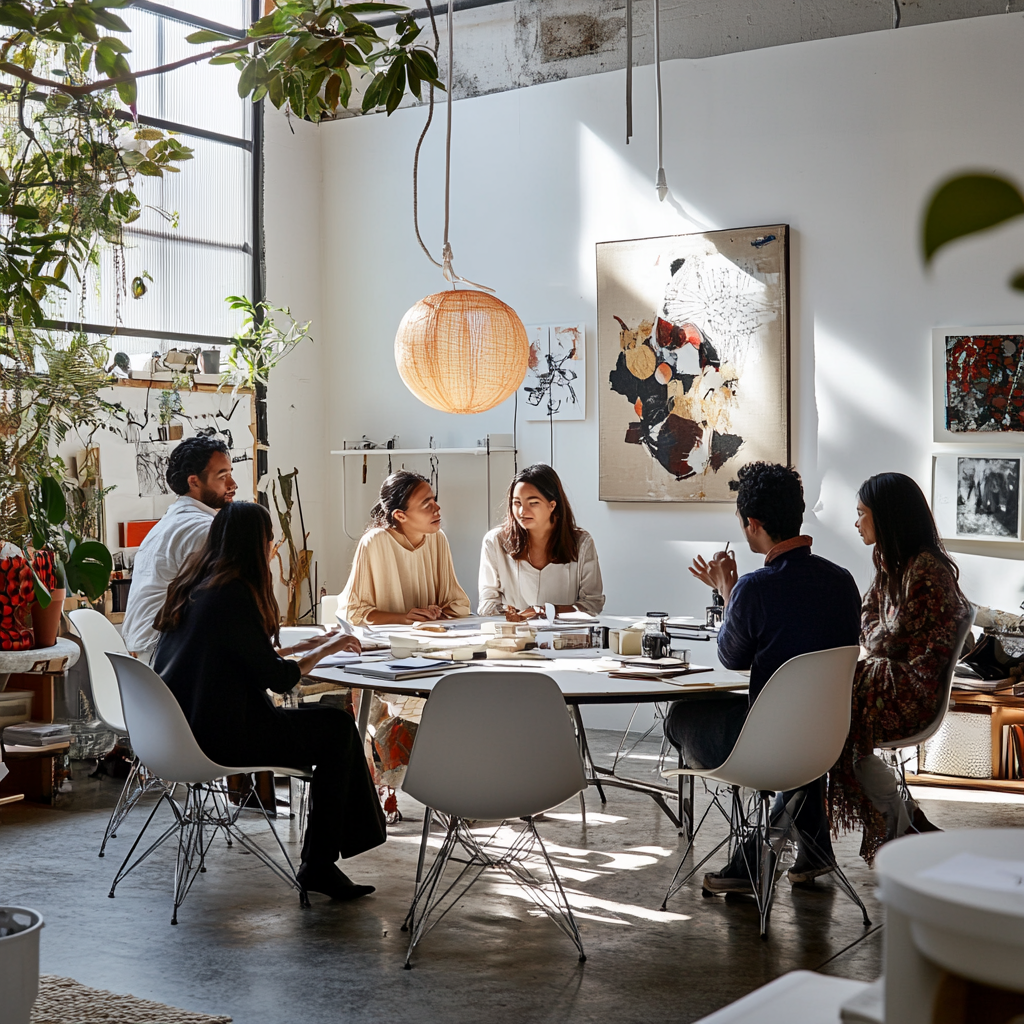 Round table meeting with diverse designers in creative studio.