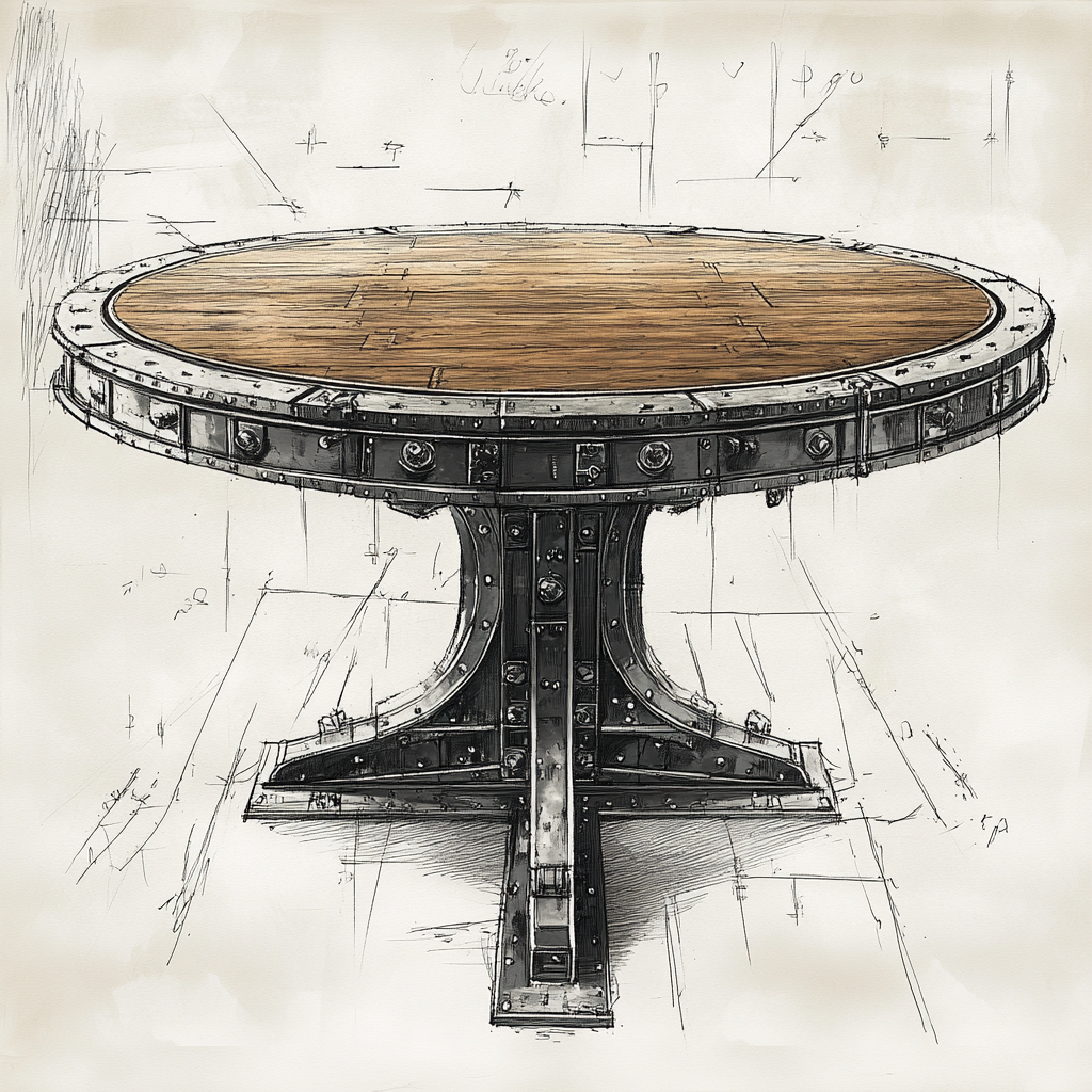 Rounded dining table inspired by locomotives and safes.