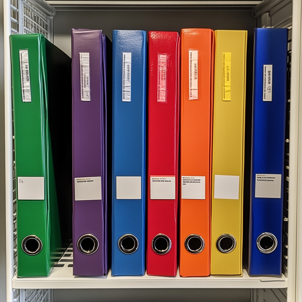 Row of 7 binders in metal rack, labeled neatly.