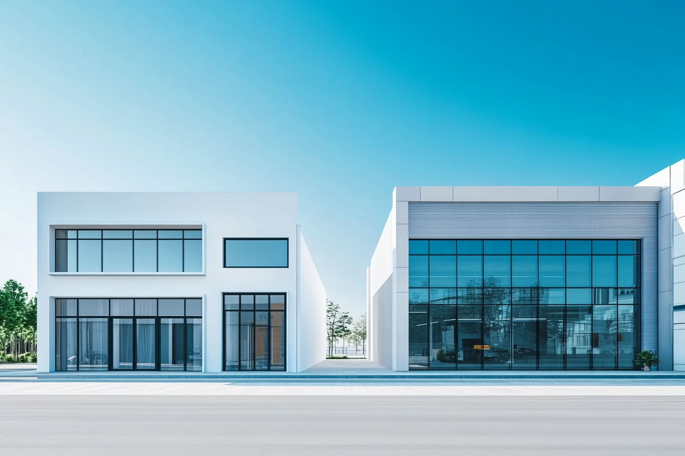 Row of buildings in city under blue sky