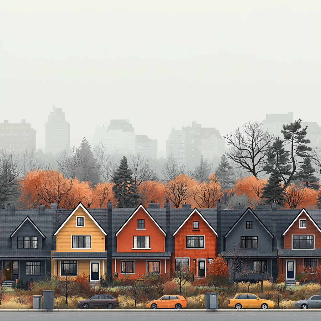 Row of identical houses with two colors, gray skyline.