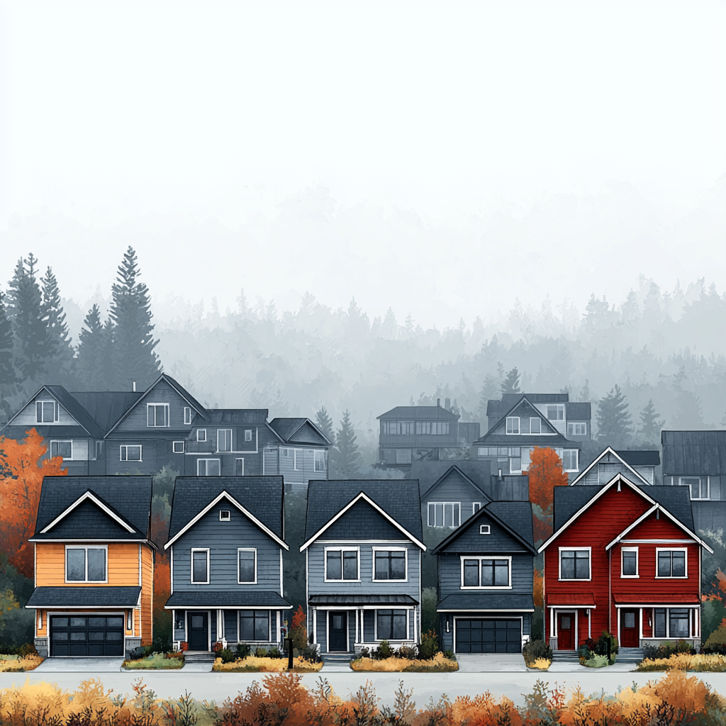 Row of identical houses with two colors, skline backdrop.