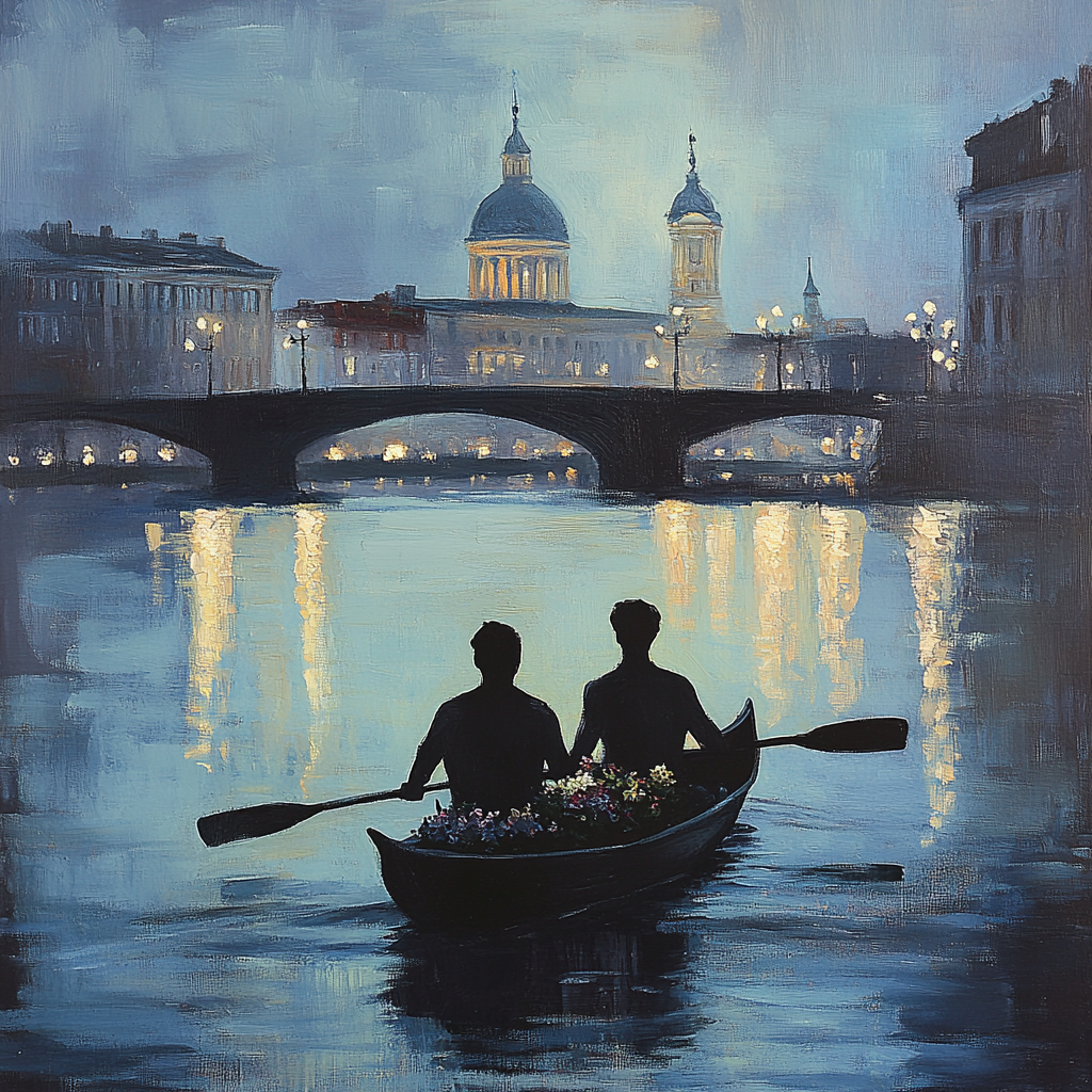 Rowing men under Riga bridge in oil painting