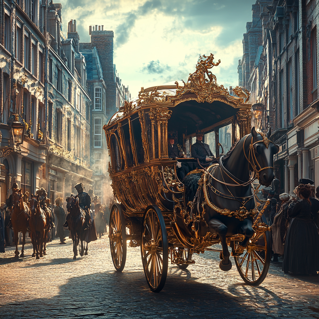 Royal horse-drawn carriage in crowded 18th-century London.