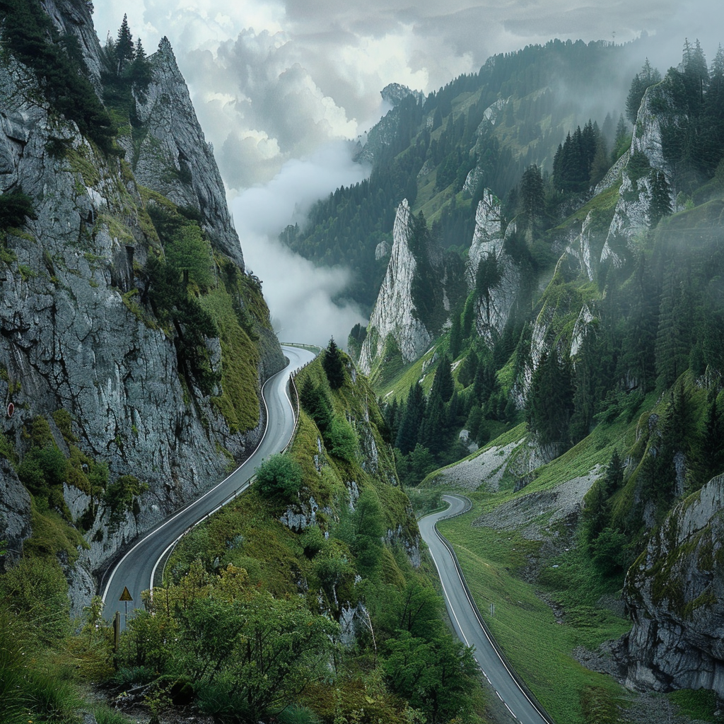 Rugged Transylvanian mountains with winding road and forests.