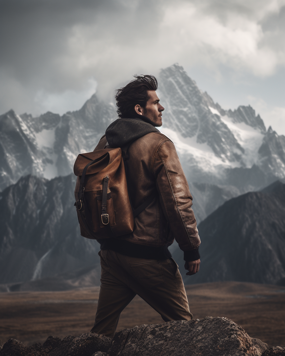 Rugged explorer in leather jacket surrounded by snowy mountains.