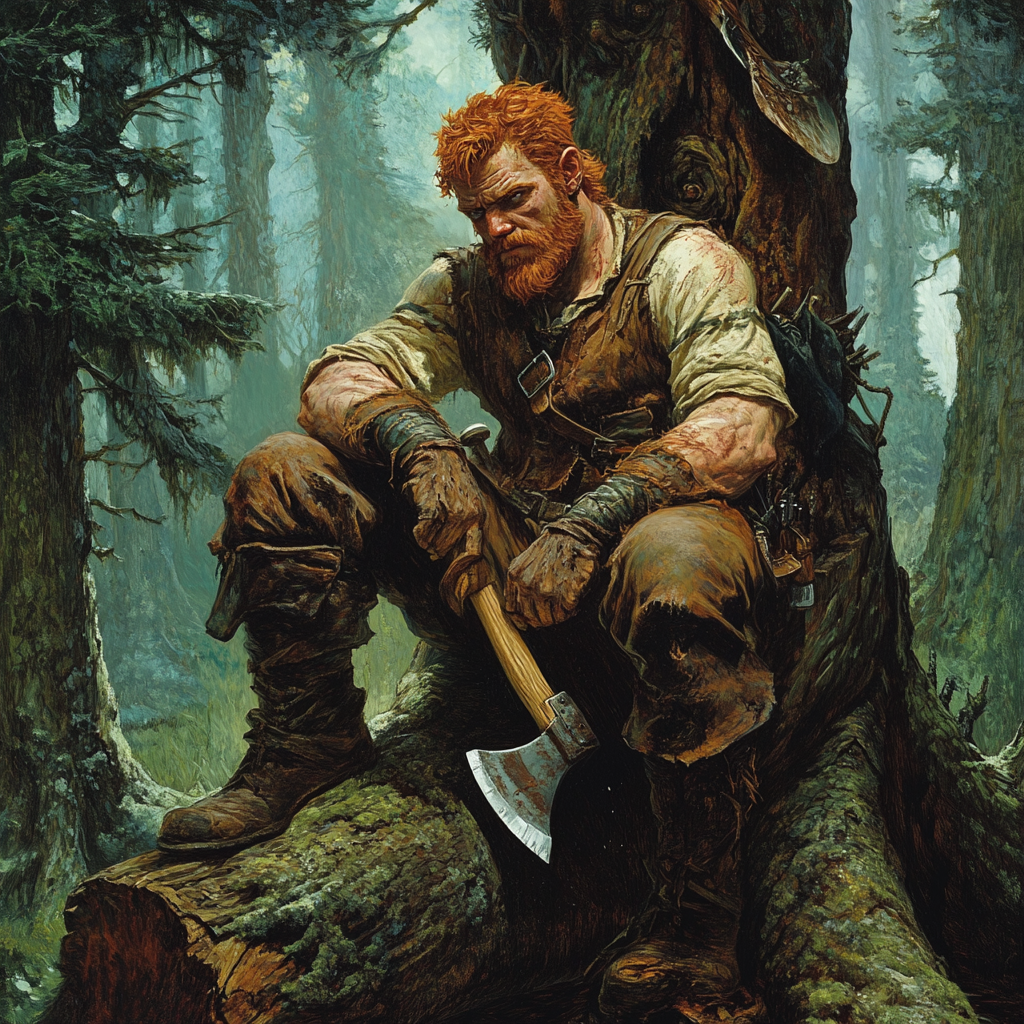 Rugged woodsman with red hair in ancient forest.