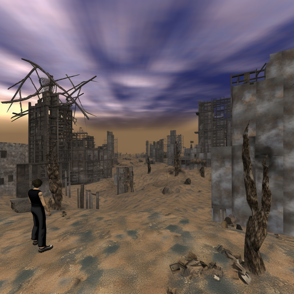 Ruined city in background, glitch landscape, PS1 screencapture.