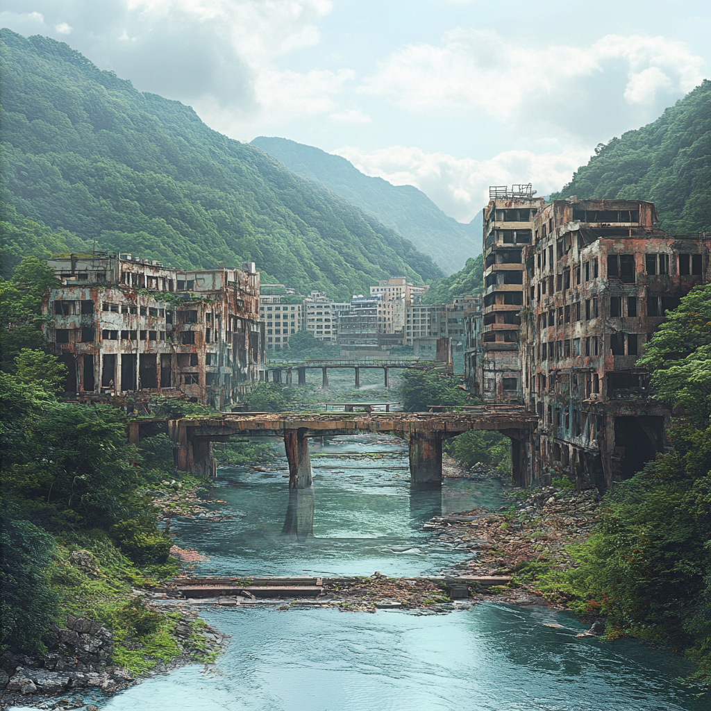 Ruined hotels in hot spring town by river.