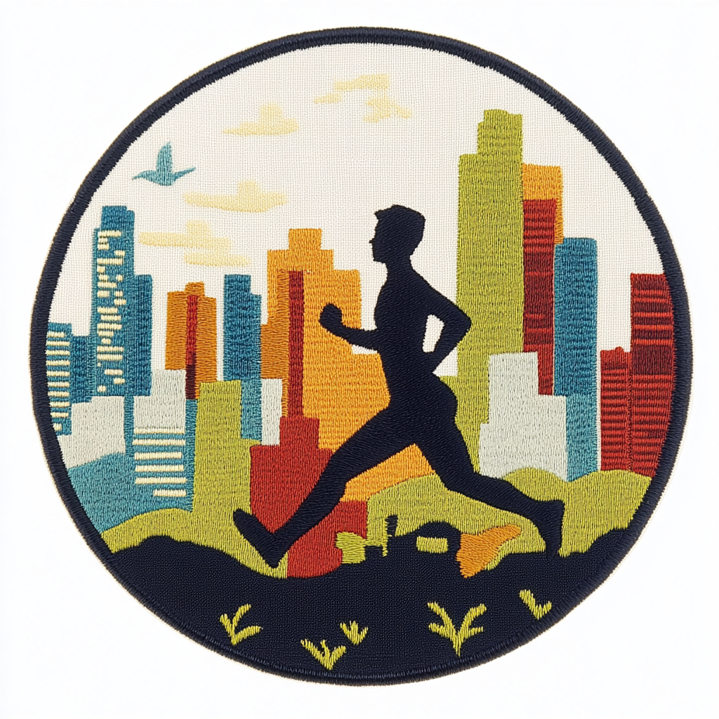 Runner Circular Badges with Cityscape, Nylon Cotton Stickers