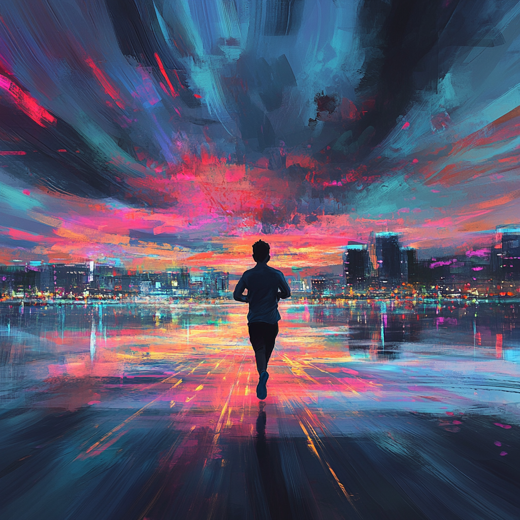 Runner in city at dusk with calming sky colors.