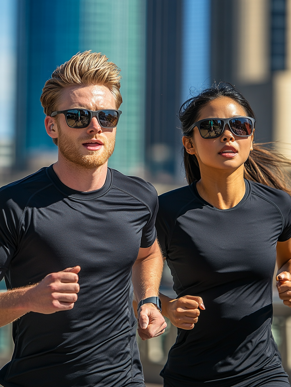 Running couple wearing sunglasses in city