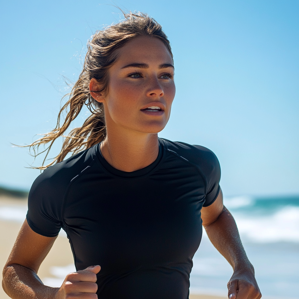 Running woman on beach with wet hair