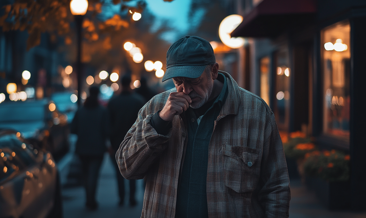 Runny-Nosed Fisherman in Small Town Evening, 8K Cinematic Focus