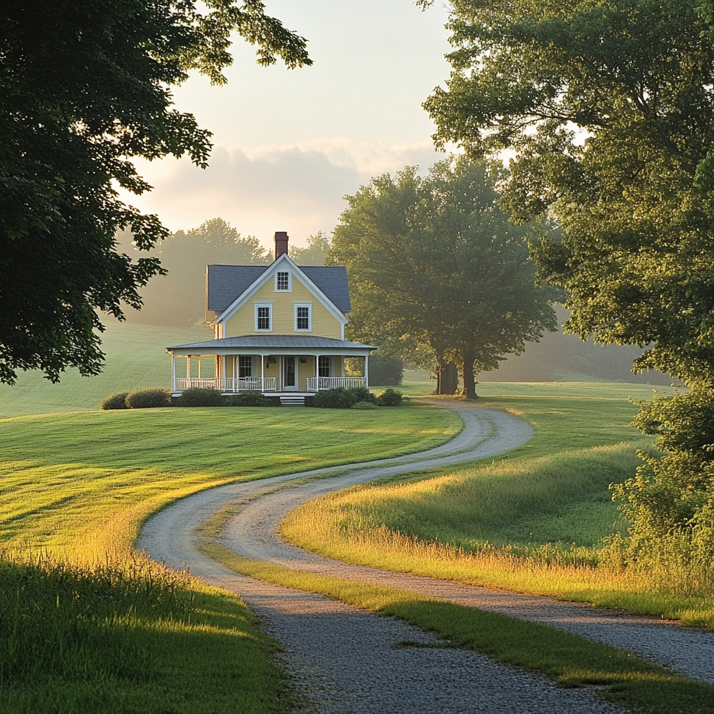 Rural farmhouse at sunrise with yellow house and trees.