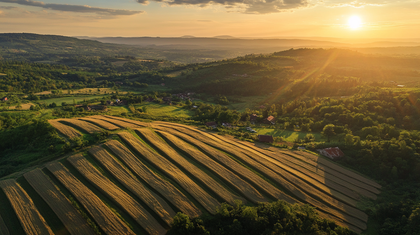 Rural landscape with terraced fields, harvested bundles of hay