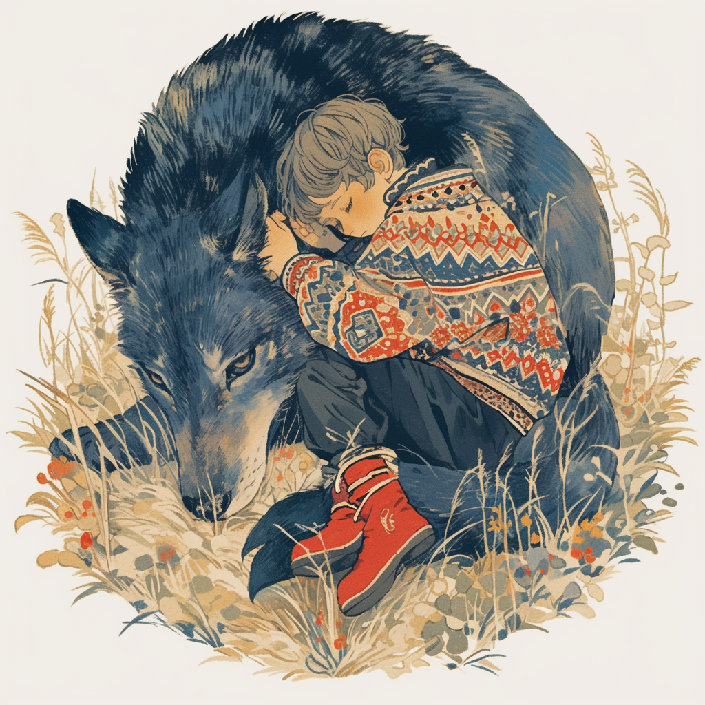 Russian boy in embroidered shirt hugs wolf's leg.