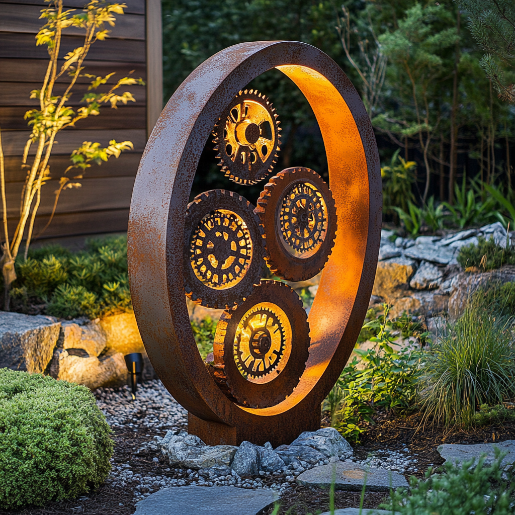 Rusted metal sculpture with gears, shadows in garden.