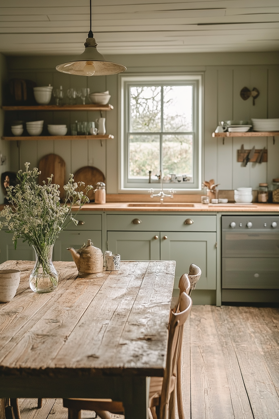 Rustic Chic Minimalist Kitchen with Sage Green Cabinetry