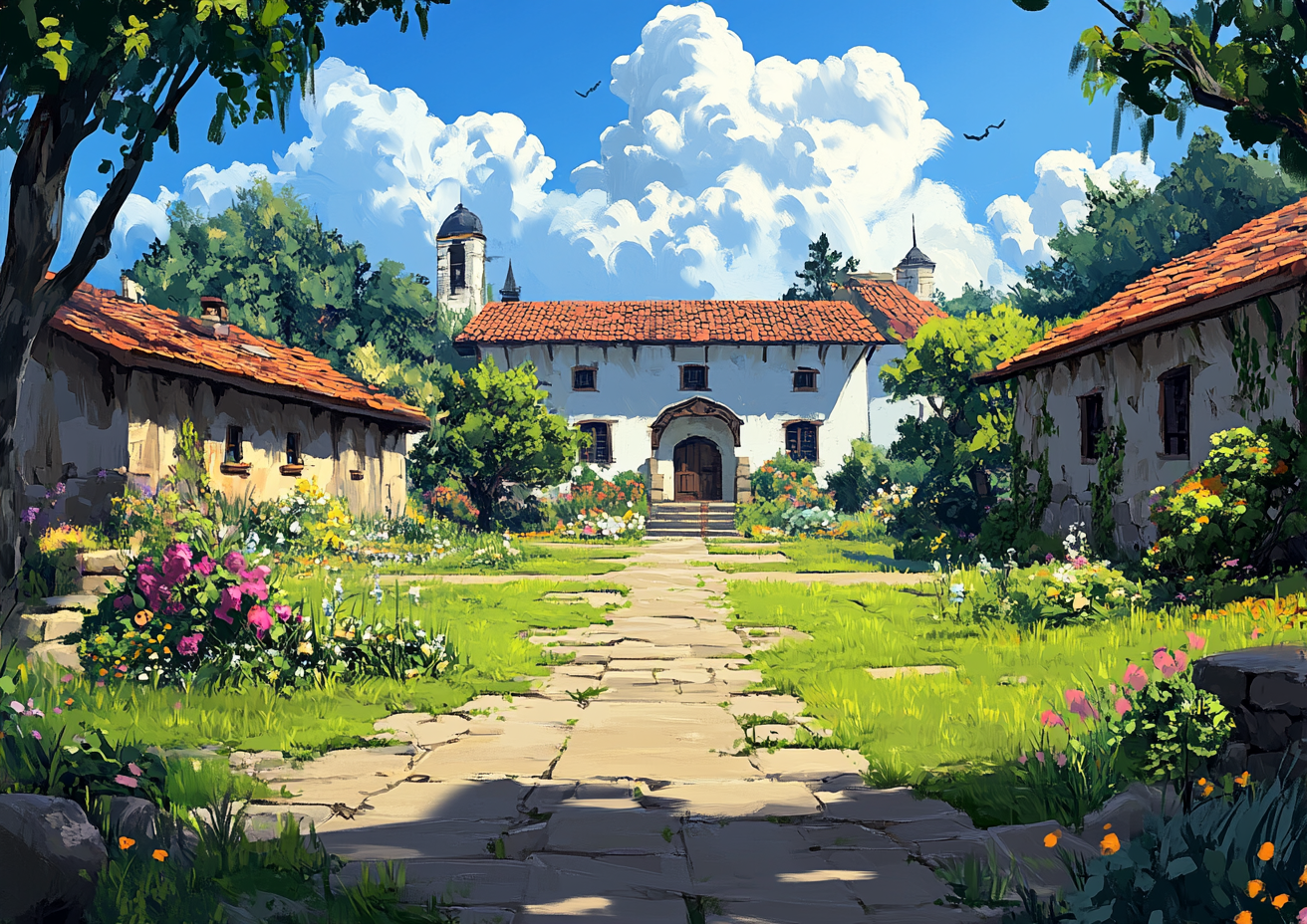 Rustic Courtyard with Bright Colors and Beautiful Sky