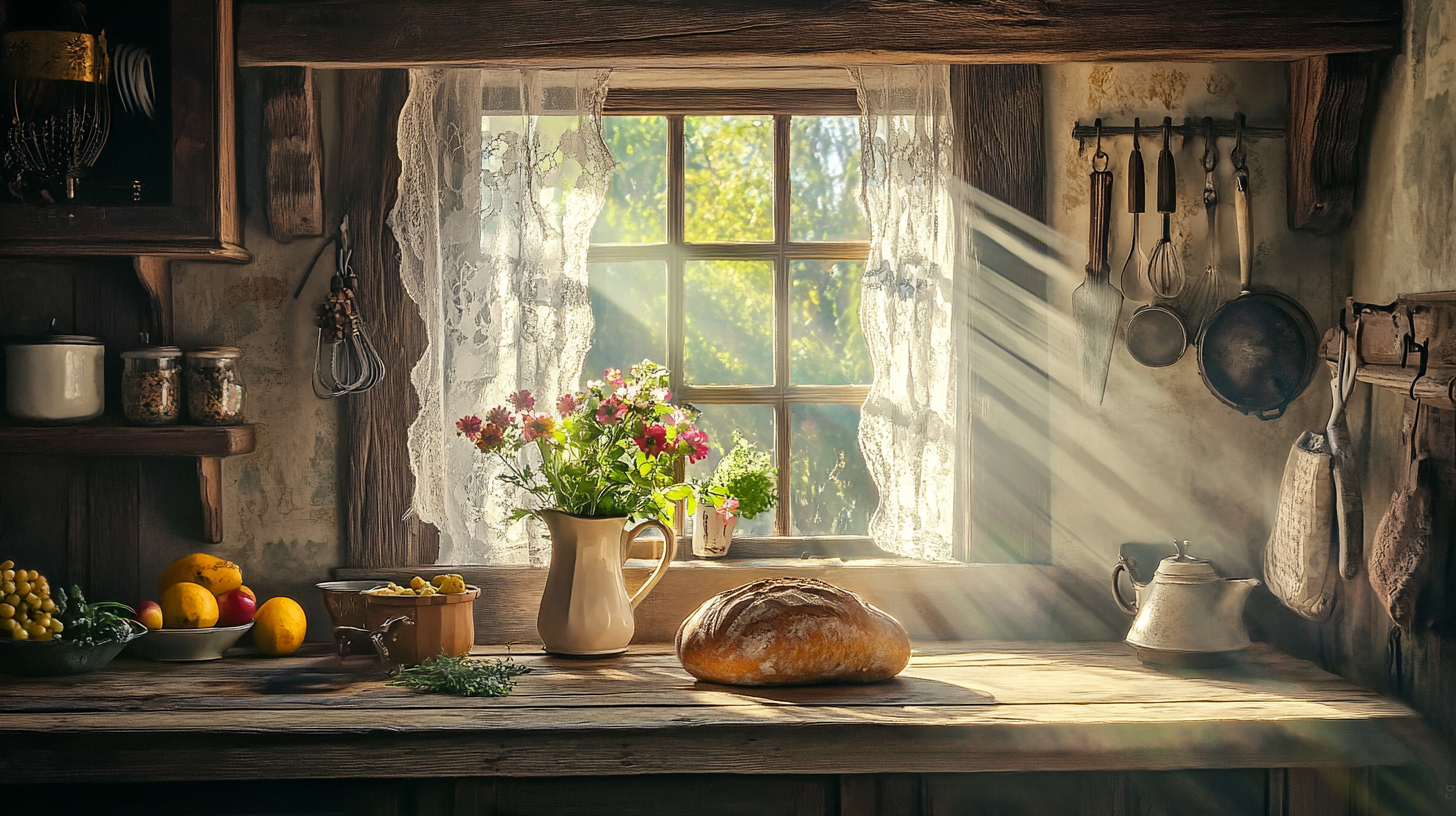 Rustic Kitchen Scene with Vintage Utensils and Fresh Bread