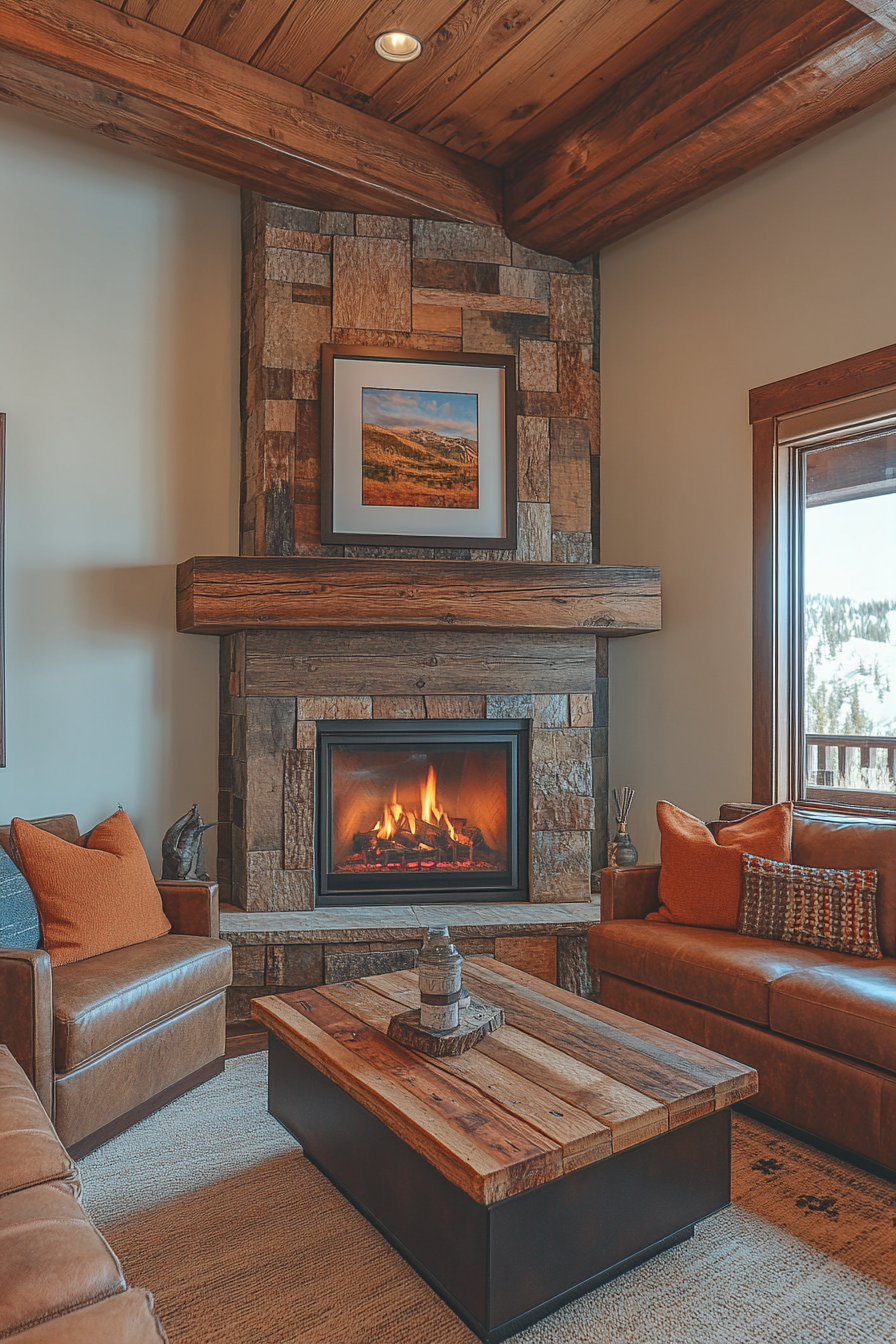 Rustic Wood Mantle Adorns Cozy Corner Fireplace