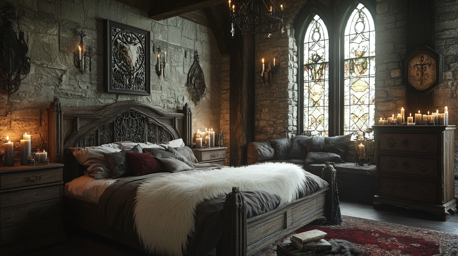 Rustic bed with iron detailing, faux fur throw, candles.