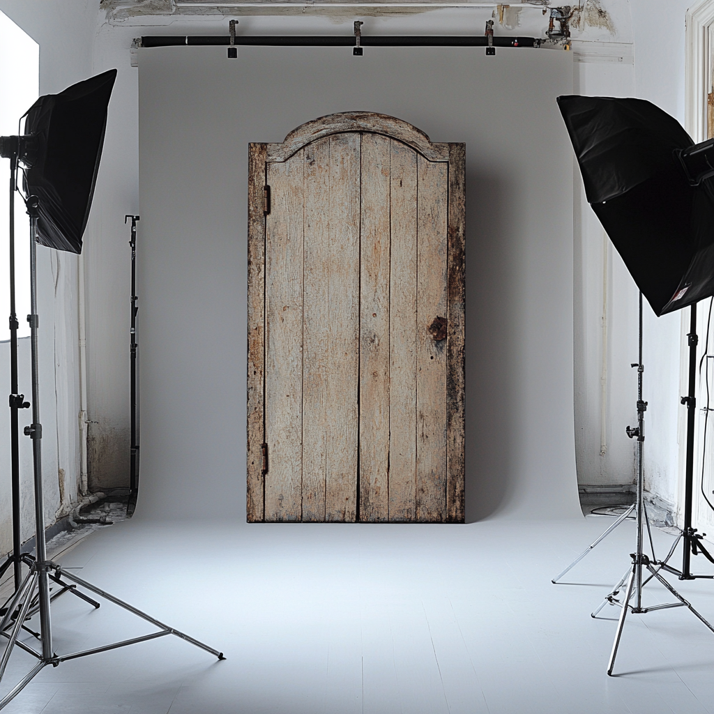 Rustic freestanding door in bright photo studio 