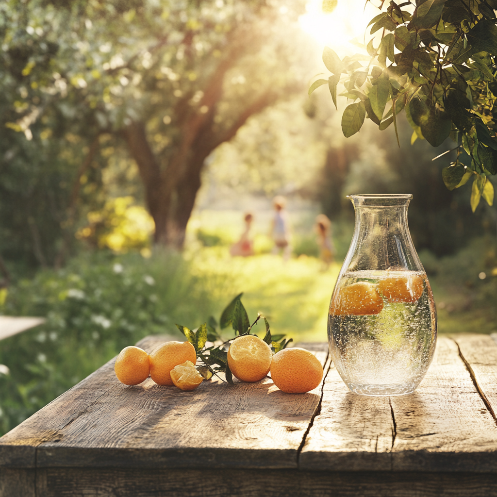 Rustic garden table with glass carafe of water.