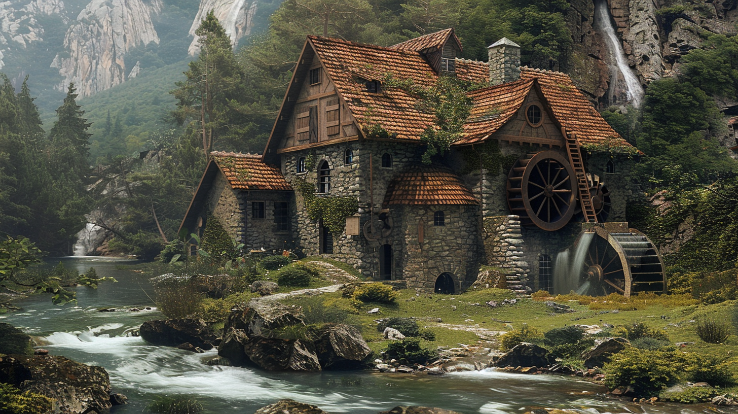 Rustic house by river, water mill, stone walls, lush grass.