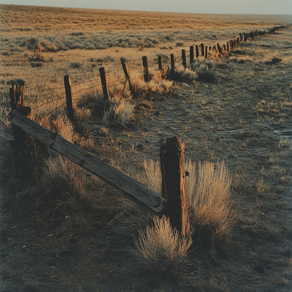 Rustic wooden fence in desert under dramatic lighting