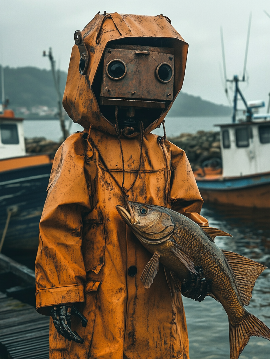 Rusty metal face robot boy holding giant fish.