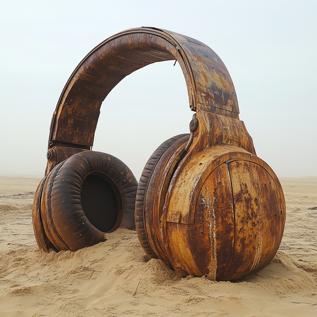 Rusty metal headphones in sand, like sandcrawler from movie.