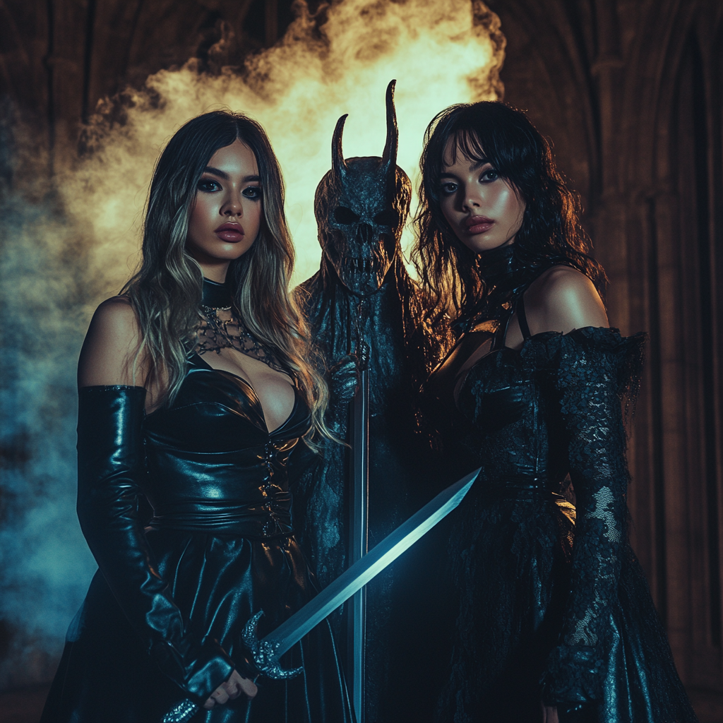 Sabrina and Jenna in leather gowns, holding weapons.