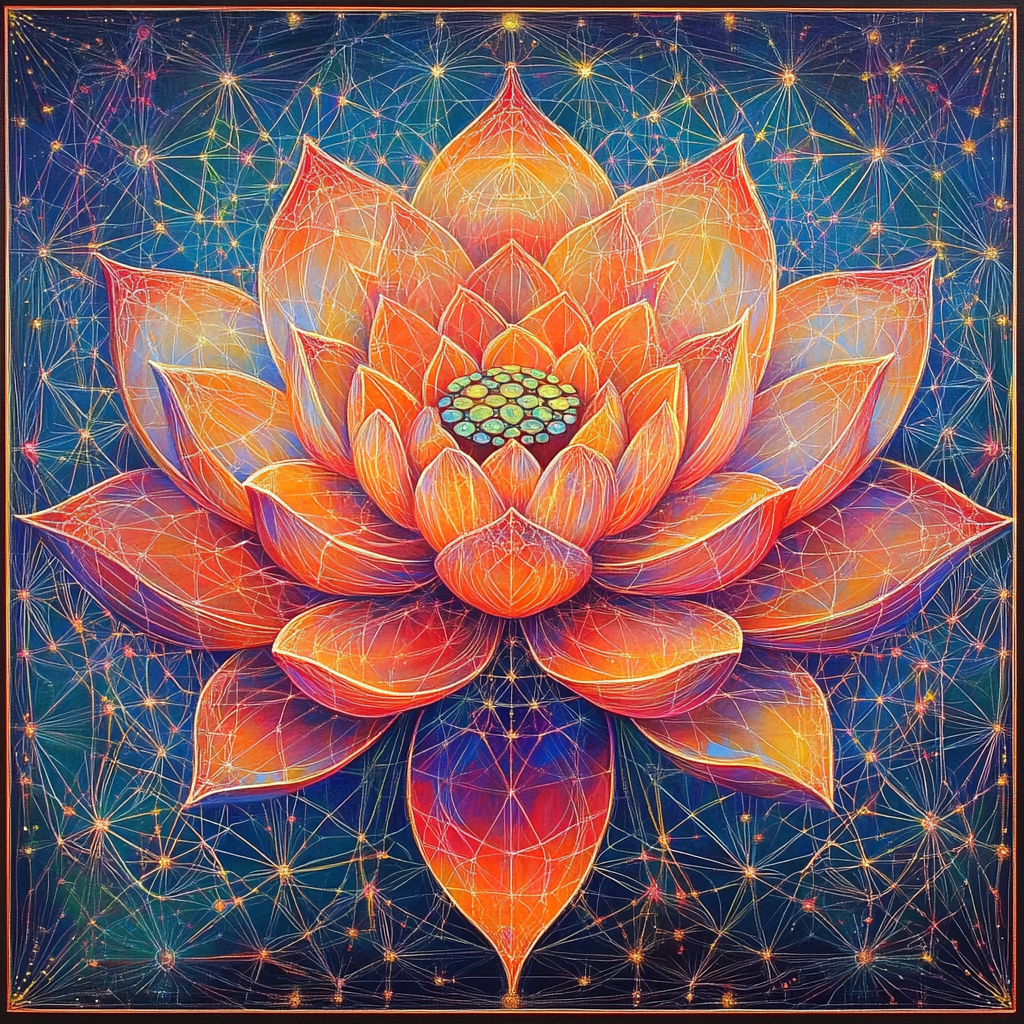 Sacred lotus flower blooming in divine matrix heart.