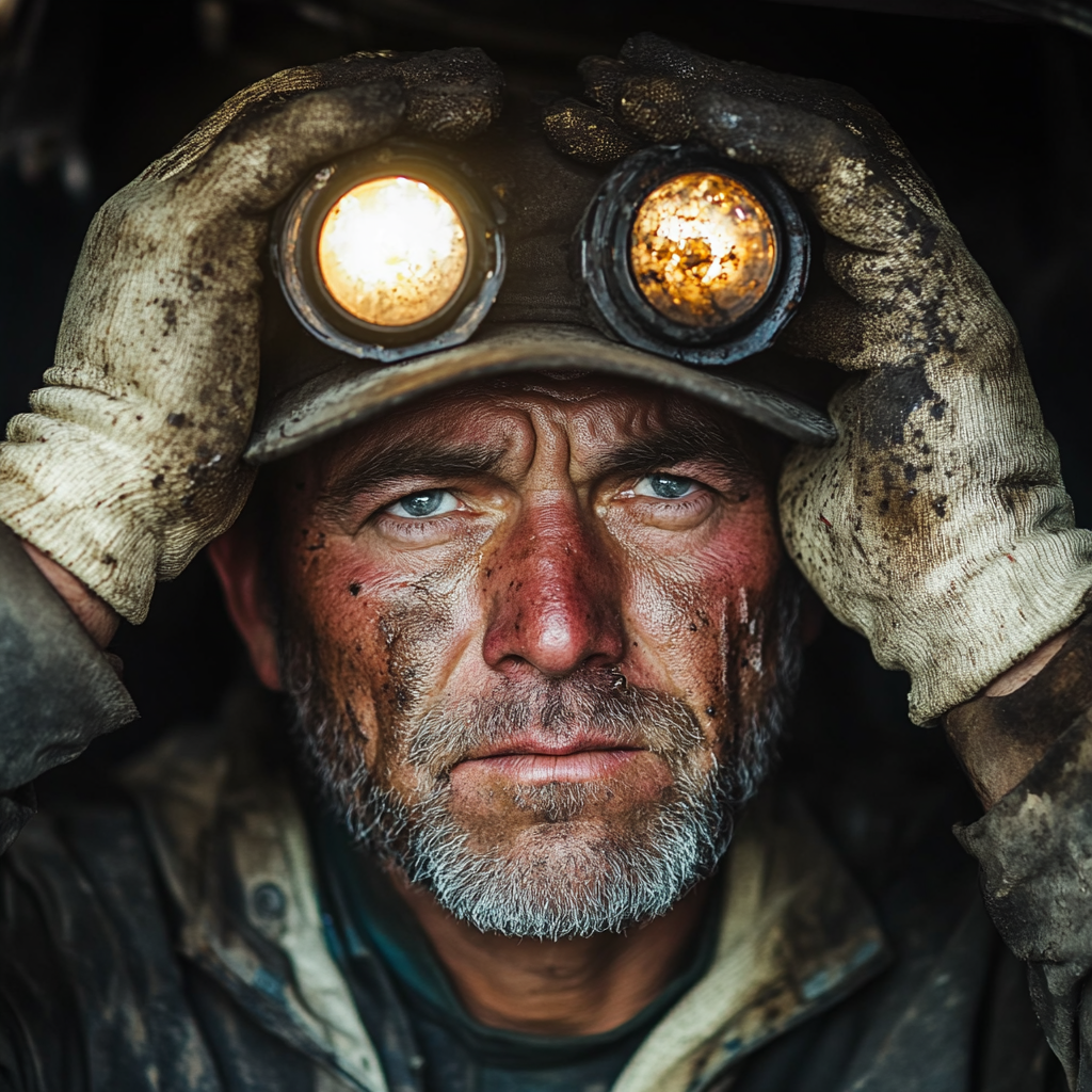 Sad American Worker Wearing Dirty LED Headlights