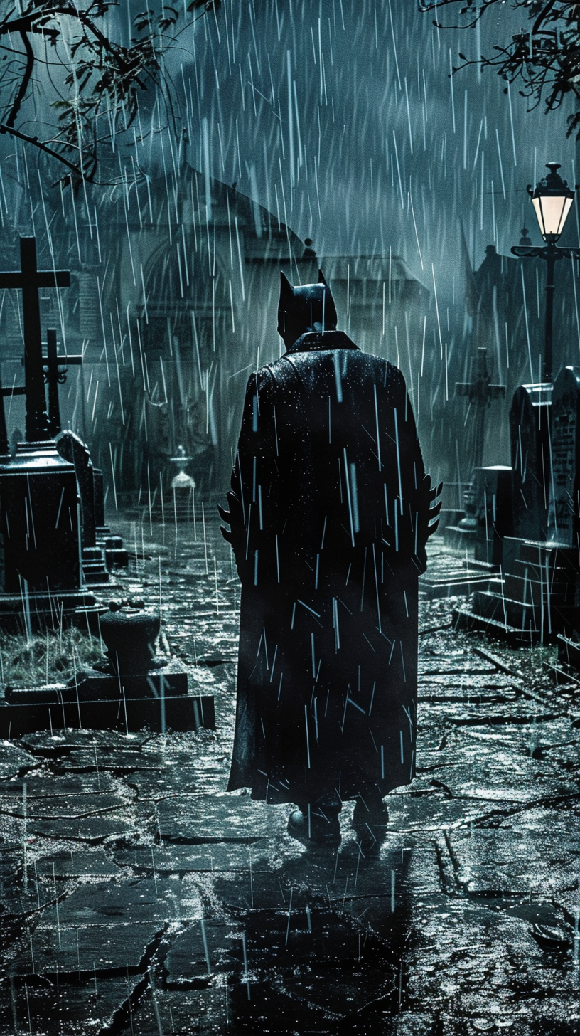 Sad Bruce Wayne at rainy funeral in dark comic art.