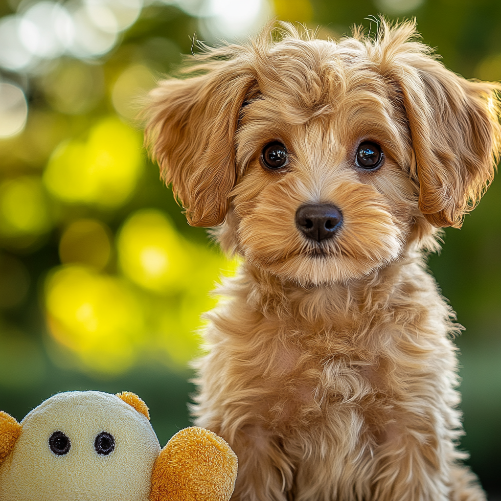 Sad Cavoodle puppy with toy in blurry green background.