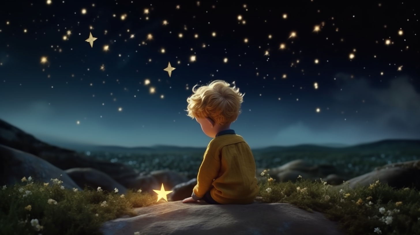 Sad Little Prince gazes at quiet stars.