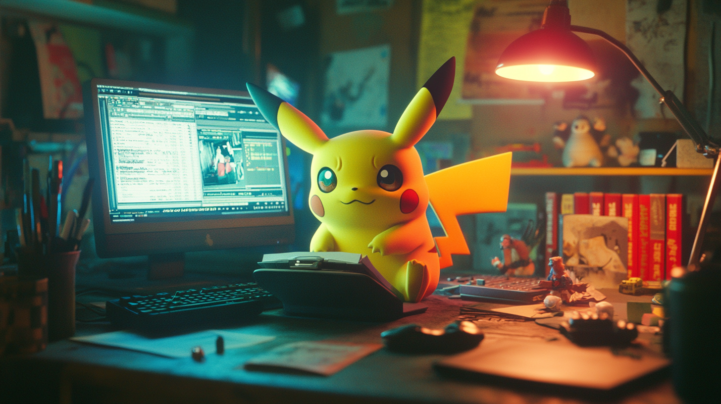 Sad Pikachu cries while doing homework on computer.