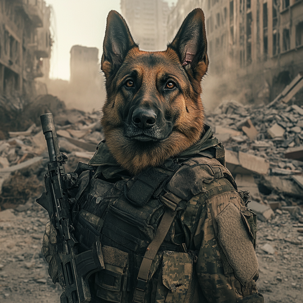 Sad Soldier Dog in Destroyed City