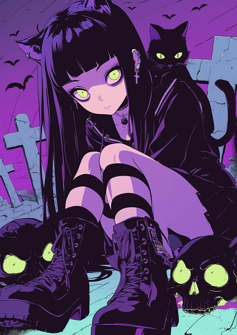 Sad Zombie Goth Girl with Cute Cat, Halloween Scene