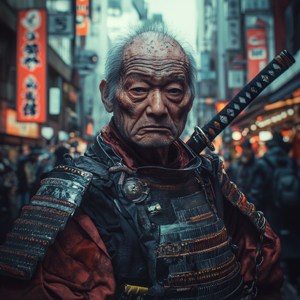 Sad and confused old samurai in modern Japan.