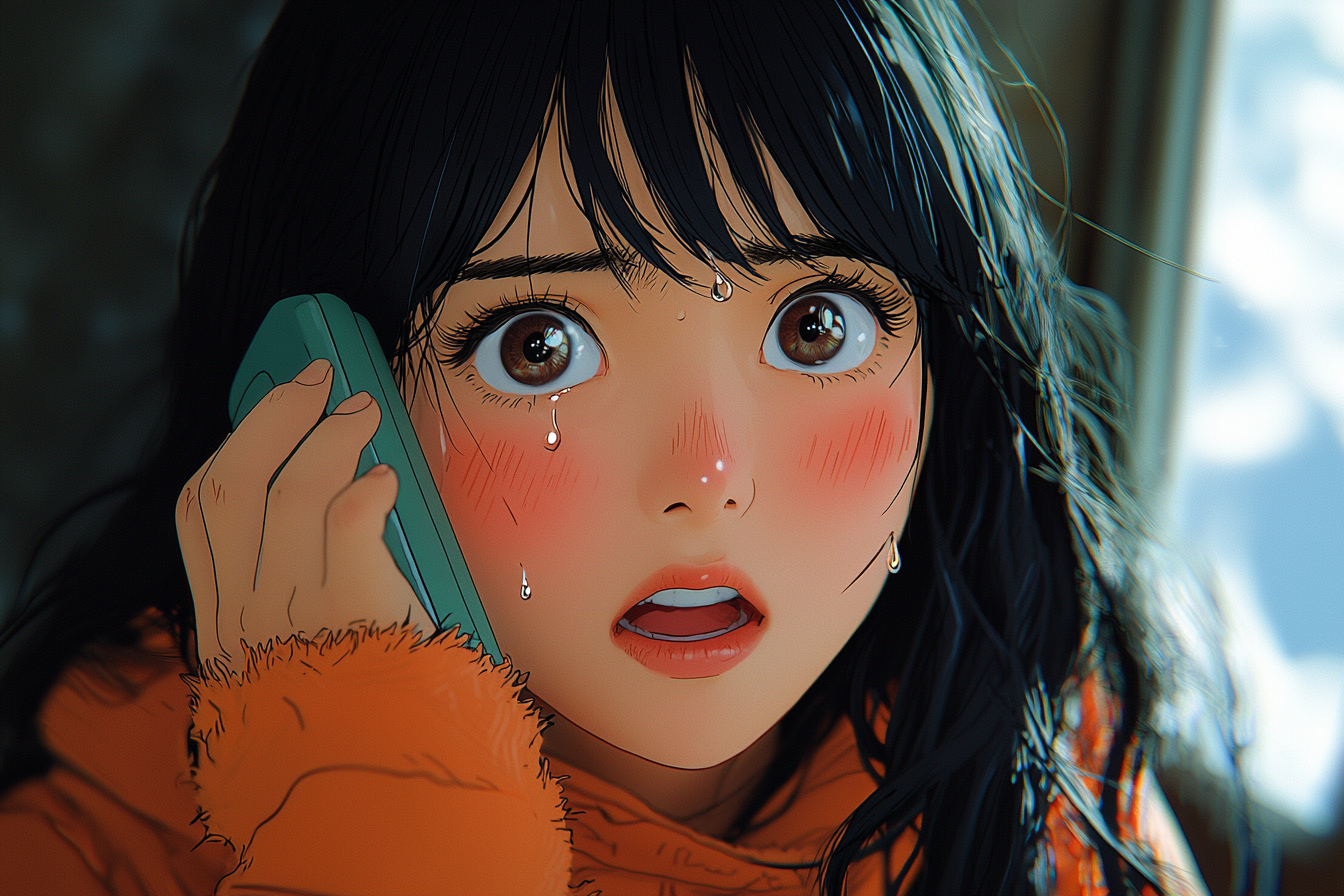 Sad girl crying in dorm room in anime.