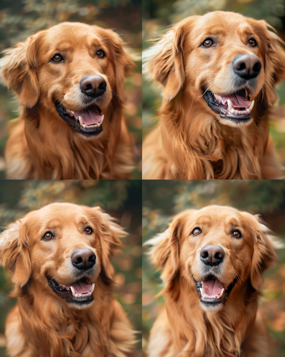 Sad golden retriever transforms to extremely happy on sunny day.