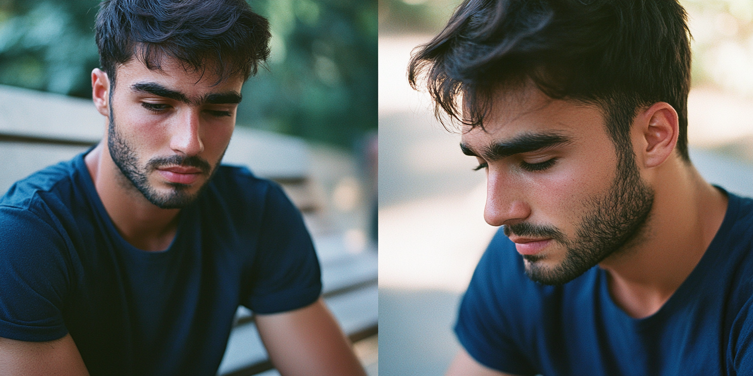 Sad man in blue shirt on bench.